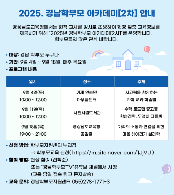 경상남도교육청에서는 현직 교사를 강사로 초빙하여 현장 맞춤 교육정보를 제공하기 위해 “2025년 경남학부모 아카데미[2차]”를 운영합니다. 학부모들의 많은 관심 바랍니다.？ 대상: 경남 학부모 누구나？ 기간: 9월 4일 ~ 9월 18일, 매주 목요일？ 프로그램 내용일시장소주제9월 4일(목)10:00 ~ 12:00거제 연초면아우름센터사고력을 함양하는과학 교과 학습법9월 11일(목)10:00 ~ 12:00사천시립도서관수학 로드맵중고등 학습전략, 무엇이 다를까9월 18일(목)19:00 ~ 21:00경상남도교육청 공감홀가족의 소통과 연결을 위한마음 헤아리기 심리학？ 신청 방법: 학부모지원센터 누리집 ⇒ 학부모교육 신청( https://m.site.naver.com/1JjVJ )？ 참여 방법: 현장 참여 (선착순)또는 “경남학부모TV”유튜브 채널에서 시청(교육 당일 접속 링크 문자발송)？ 교육 문의: 경남학부모지원센터 055)278-1771~3